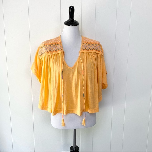 Free People Womens Market Embroidery Trim Tassel Tie V-Neck Tee Carrot Orange XS - Picture 2 of 15